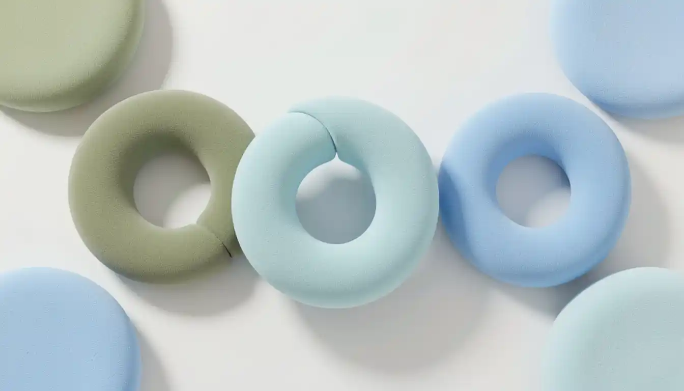 Soft circular forms in sage and sky blue representing midday balance and calm focus